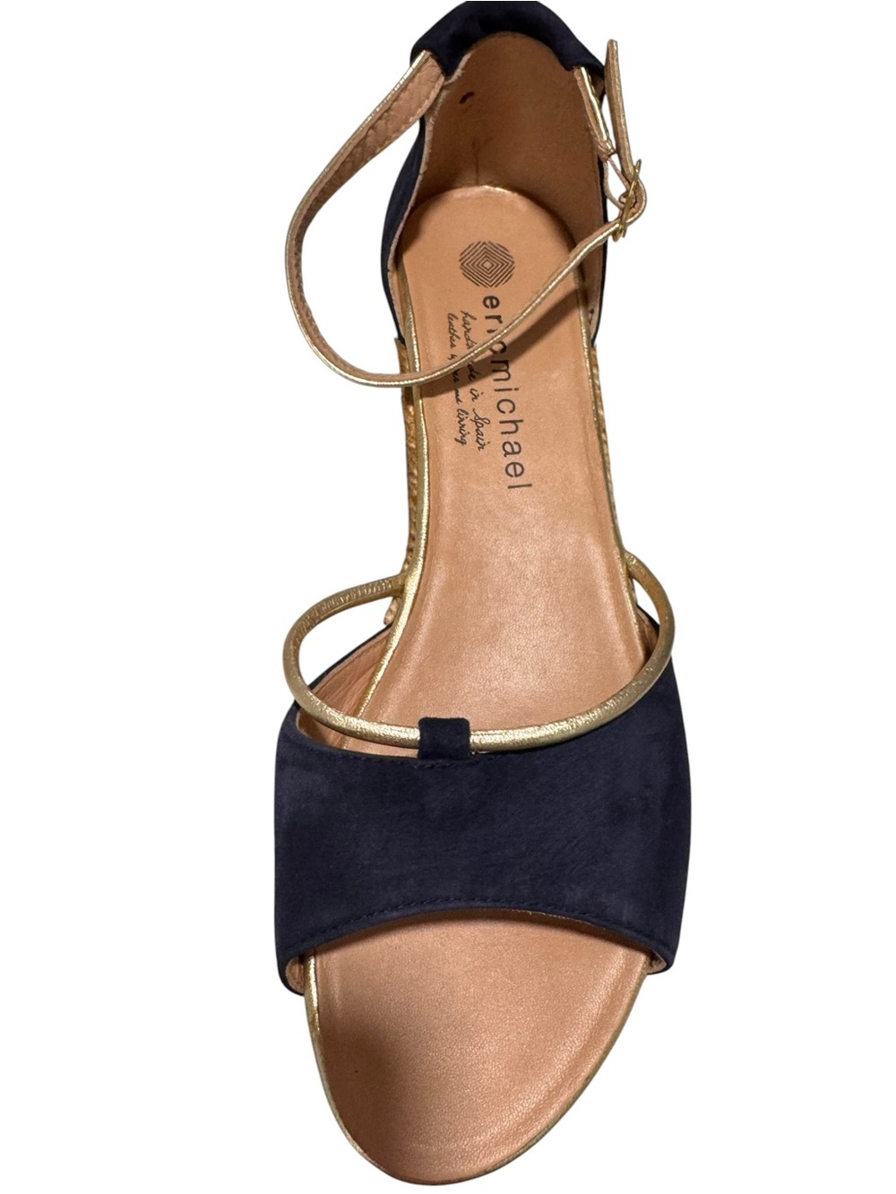 Eric Michael Navy Suede & Gold Espadrille Wedge Sandals Size 9.5 (40) Like New - Picture 3 of 11